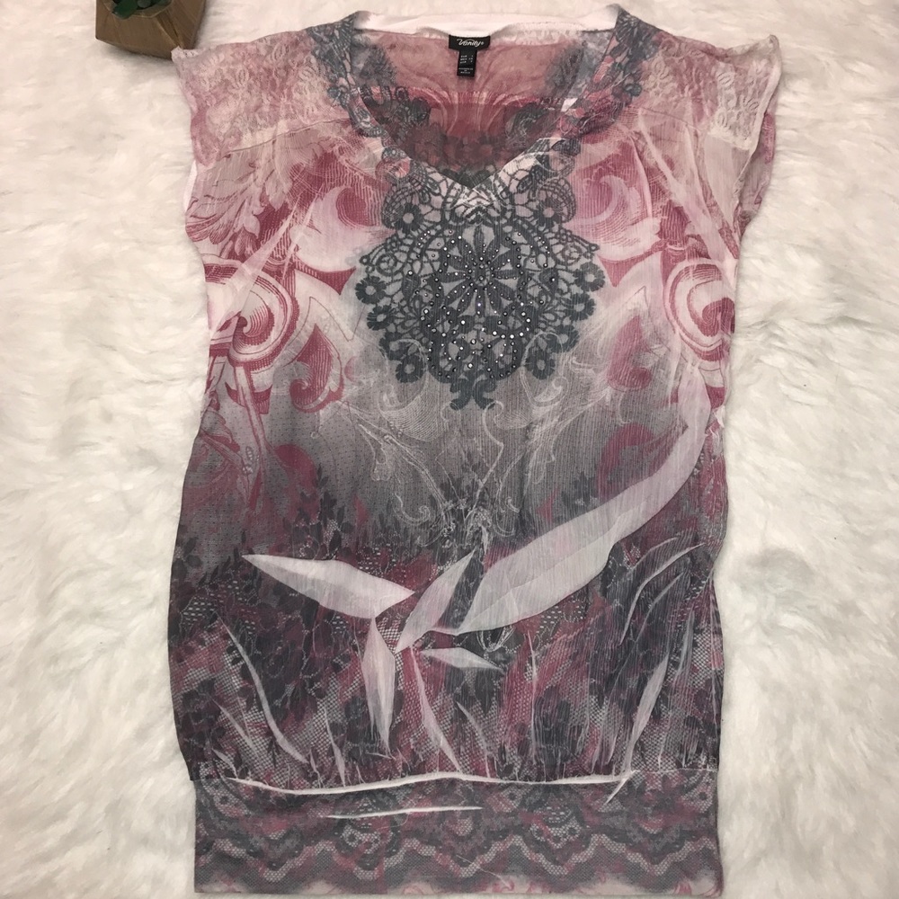 Vanity sleeveless Watercolor Lace Sheer Top Small
